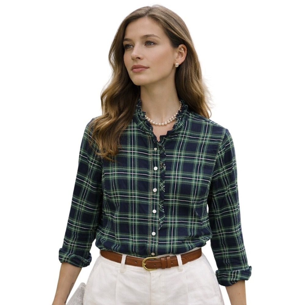Talbots Plaid Button Up Shirt Ruffle Collar Long Sleeve Green Navy Women 6P